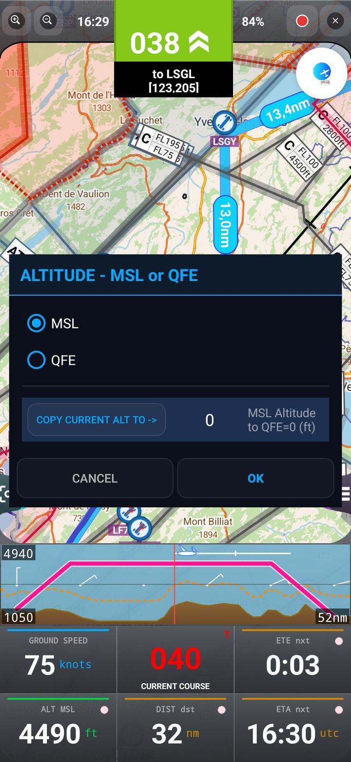 MSL to QFE altitude panel