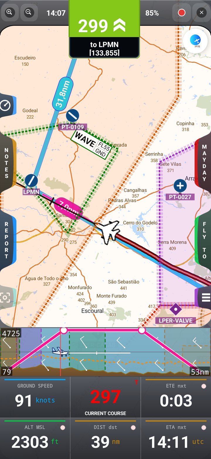 GPS Air Navigator moving map with airspace and terrain profile