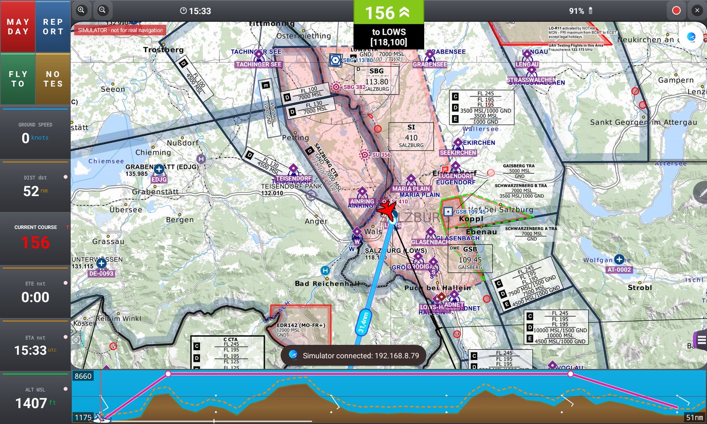 Simulator connected over Wi-Fi, flying near Salzburg
