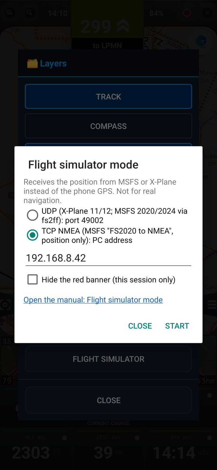 Flight simulator mode window