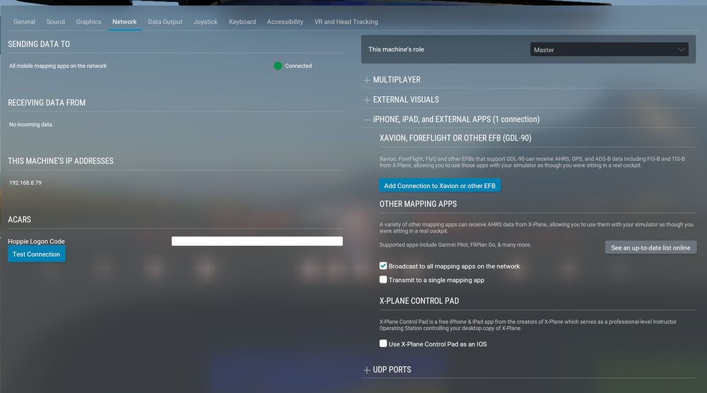 X-Plane 12, Settings › Network: vysílání všem mapovým aplikacím