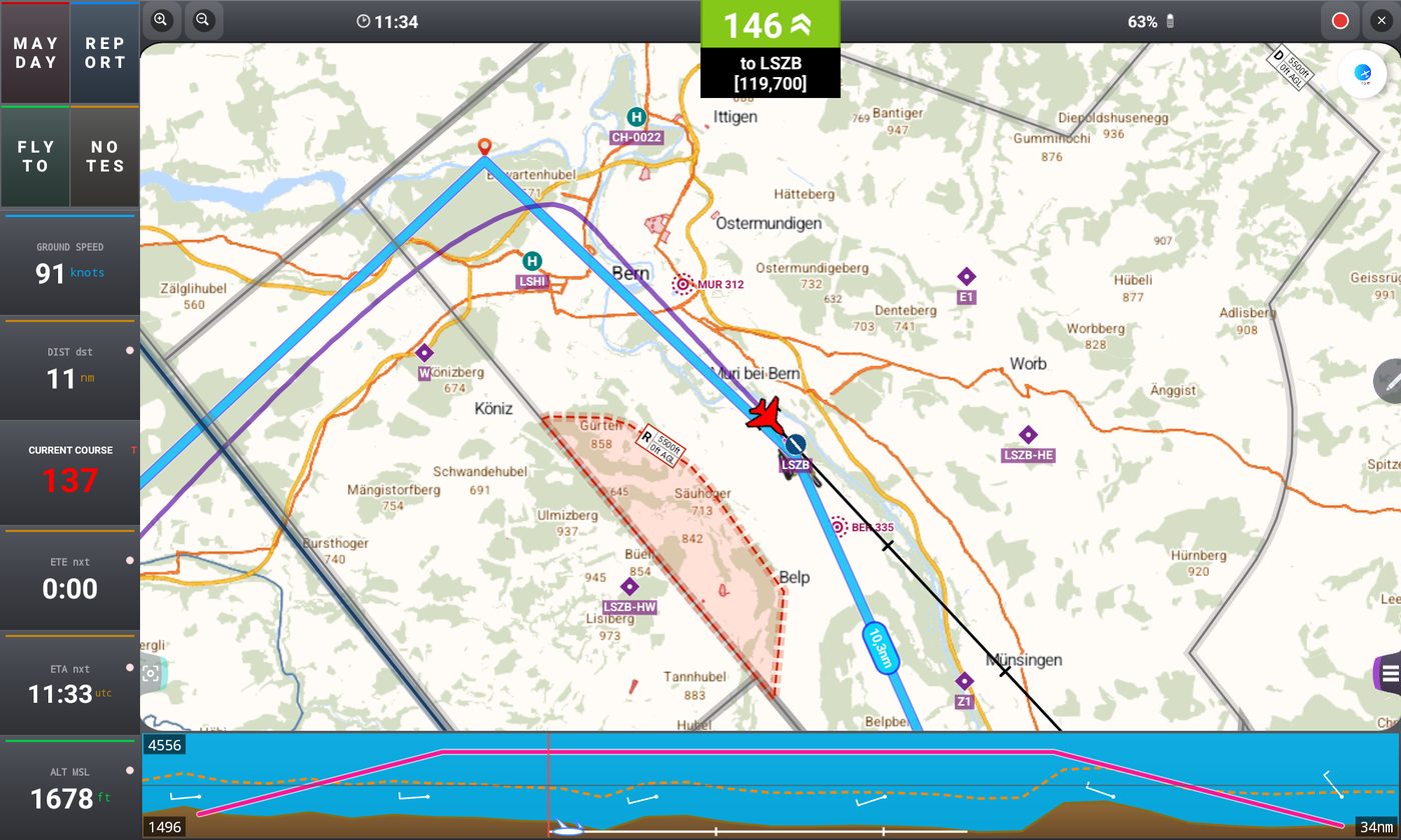 Tablet, landscape — the four main buttons (Mayday, Report, Fly To, Notes) sit in the top-left corner, above the data fields