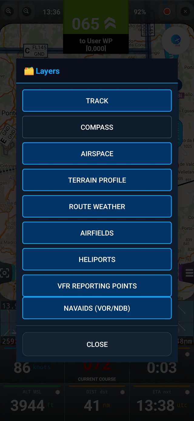 Nove interruttori: Track, Compass, Airspace, Terrain Profile, Route Weather, Airfields, Heliports, VFR Reporting Points, Navaids
