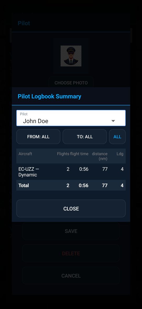 Riepilogo del logbook del pilota