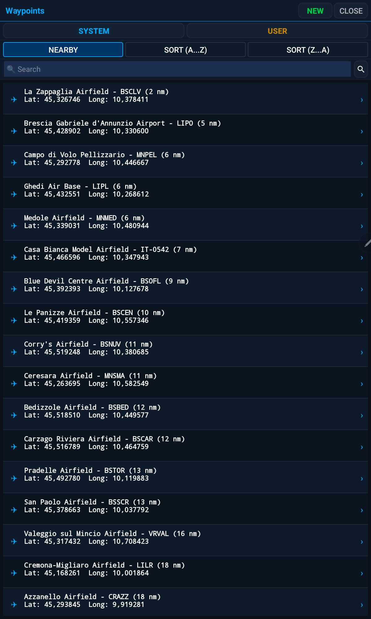 Lista de waypoints